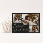 Feierliche Begrüßung | Frohe Weihnachten 3 Foto Folien Feiertagskarte<br><div class="desc">Unser festliches und elegantes Design ist der perfekte Weg,  um drei Ihrer beliebten Fotos zu präsentieren. Horizontal oder landschaftsorientiert präsentiert sich das Design mit "Merriest Christmas" in glänzender Goldfolien-Typografie und handgeschriebenen Schriften,  darunter Ihr Familienname auf schwarzem Hintergrund.</div>