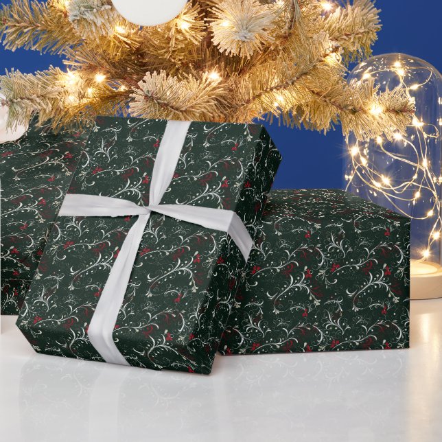 Feierliche Blätter und Whimsikrollen, grün Geschenkpapier (Feiertage)