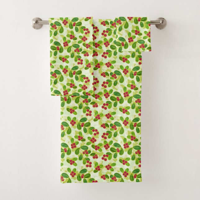Feierliche Cranberry Fruchtmuster, grün Badhandtuch Set (Insitu)