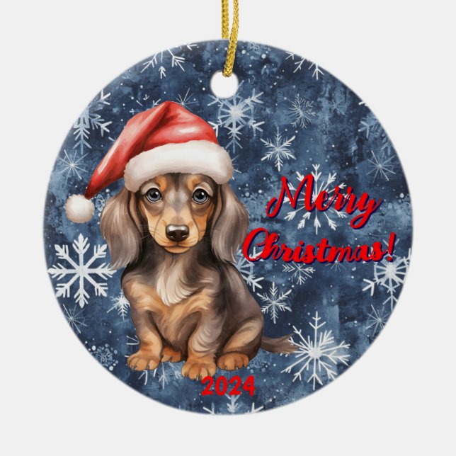 Feierliche Dackel Freude: Weihnachten individuell  Keramik Ornament (Vorne)