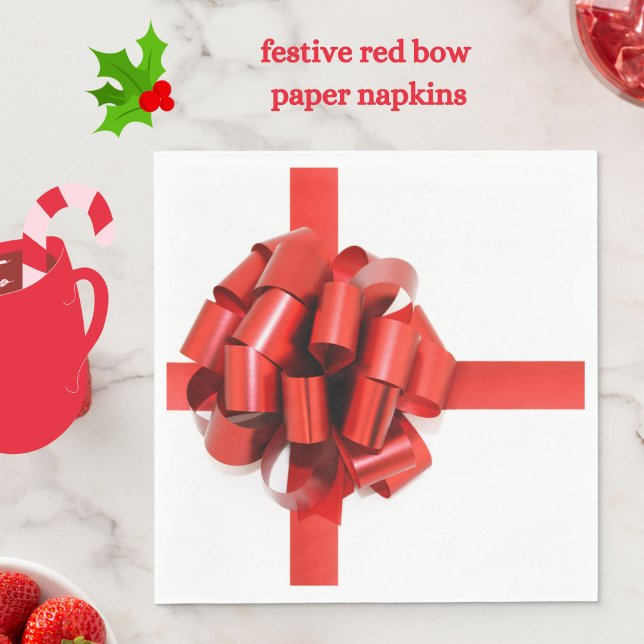 Feierliche Elegante Red Christmas Bow auf White Gl Serviette (Festive red bow paper napkins to adorn your holiday table)