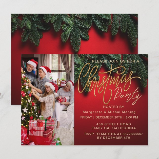 Feierliche Elegante Weihnachten PARTY Rotes Foto Einladung (Vorne/Hinten)
