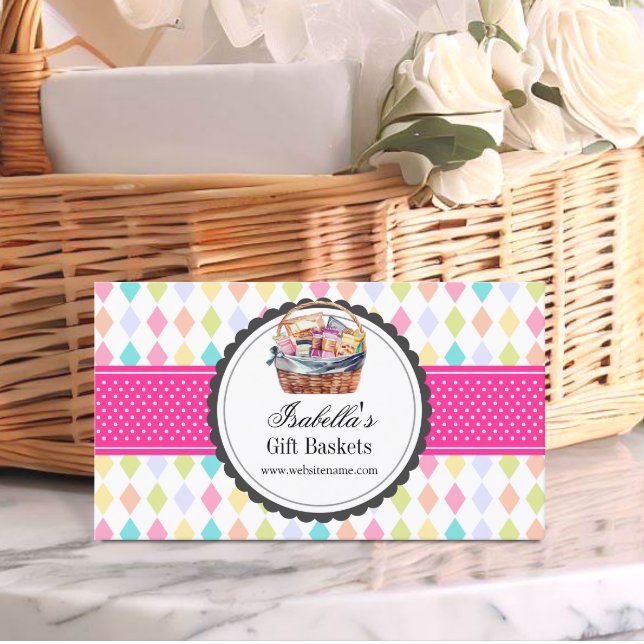 Feierliche farbenfrohe Geschenkkörbe Visitenkarte (Promote you gift basket business with this festive and colorful business card ready to be customized)