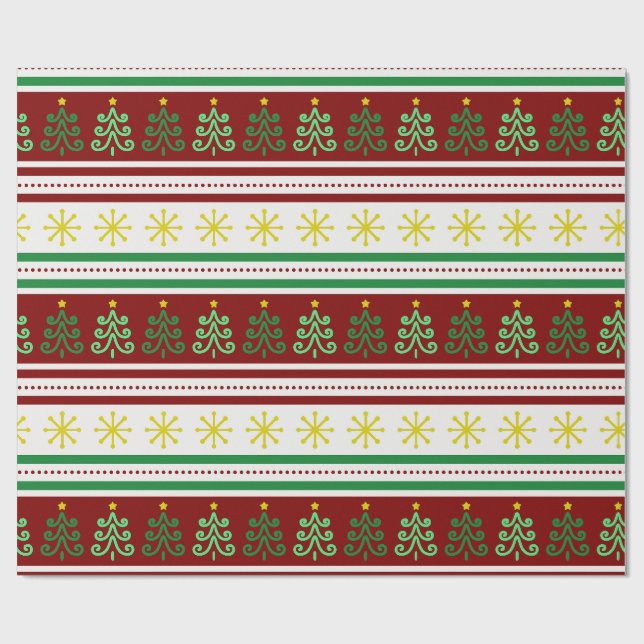 Feierliche, farbenfrohe Weihnachtsbäume und Schnee Geschenkpapier (Flach)