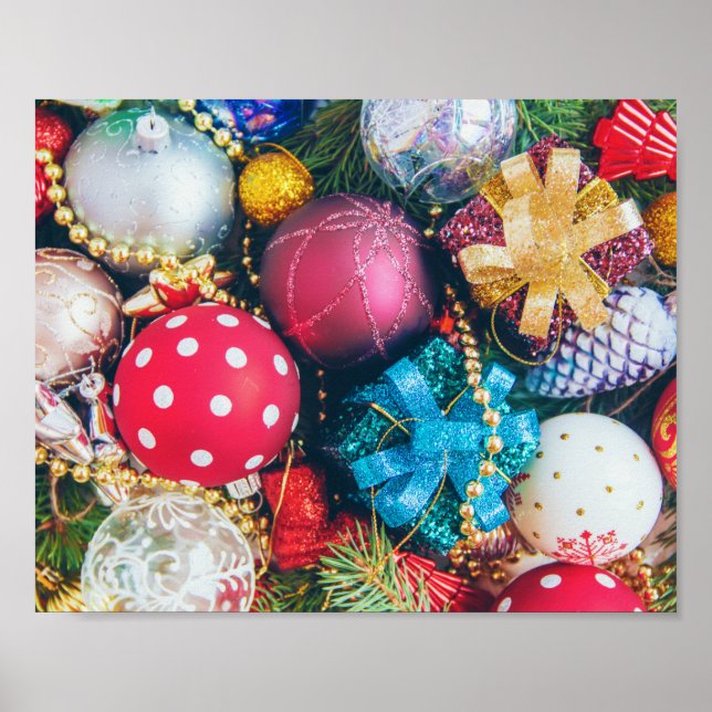 Feierliche farbenfrohe Weihnachtsschmuck, Dekorati Poster (Vorne)
