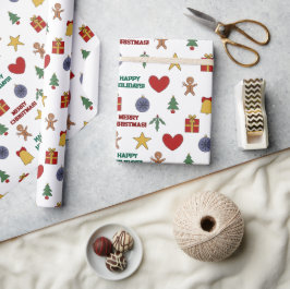 Feierliche farbenfrohe Weihnachtssymbole Glücklich Geschenkpapier