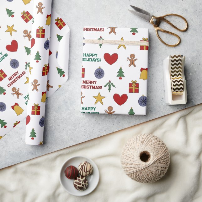 Feierliche farbenfrohe Weihnachtssymbole Glücklich Geschenkpapier (Kunsthandwerk)