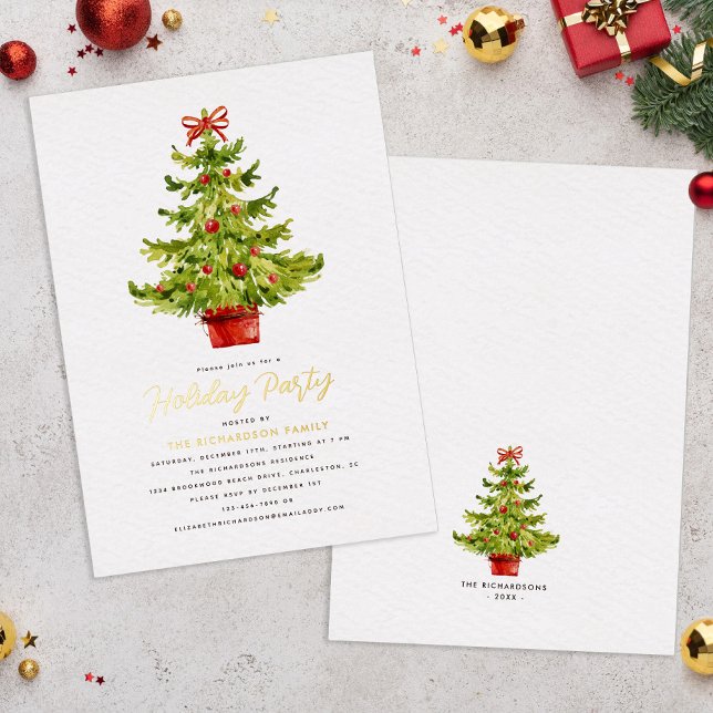 Feierliche Feier Roter Grüne Tree Real Gold Folieneinladung (Holiday Party Festive Red Green Tree Real Gold Foil Invitation)