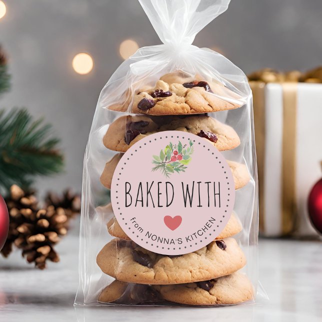 Feierliche Feiertage Grüne gebacken mit Liebe Runder Aufkleber (Festive Holiday Greenery Baked With Love Classic Round Sticker)