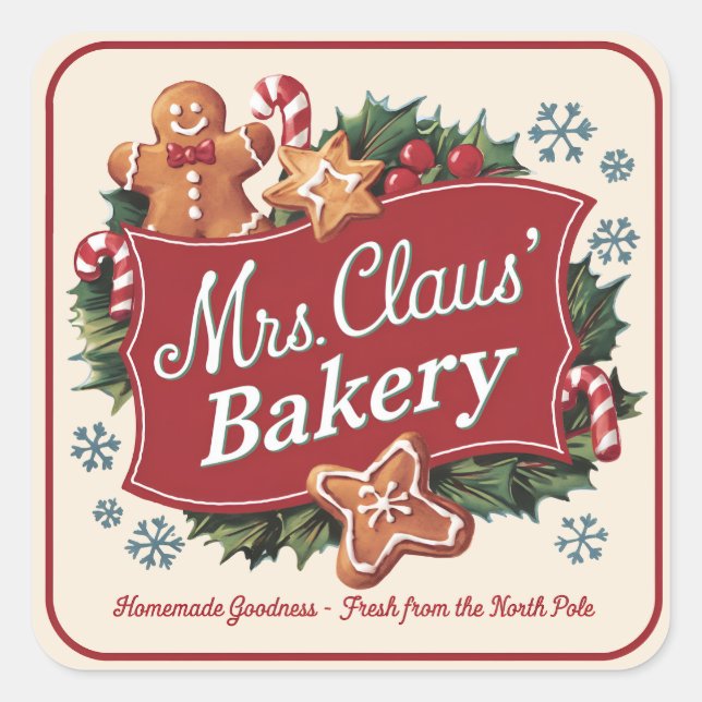 Feierliche Frau Claus Bäckerei Holiday Quadratischer Aufkleber (Vorderseite)