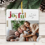 Feierliche Freude 2 Foto Weihnachten Keramikornament<br><div class="desc">Ein Weihnachtsschmuck im Foto mit dem Wort "fröhlich" in einem spielerischen Text und festlichen Farben. Das Design bietet Platz für ein Foto auf der Vorderseite und ein anderes auf der Rückseite.</div>