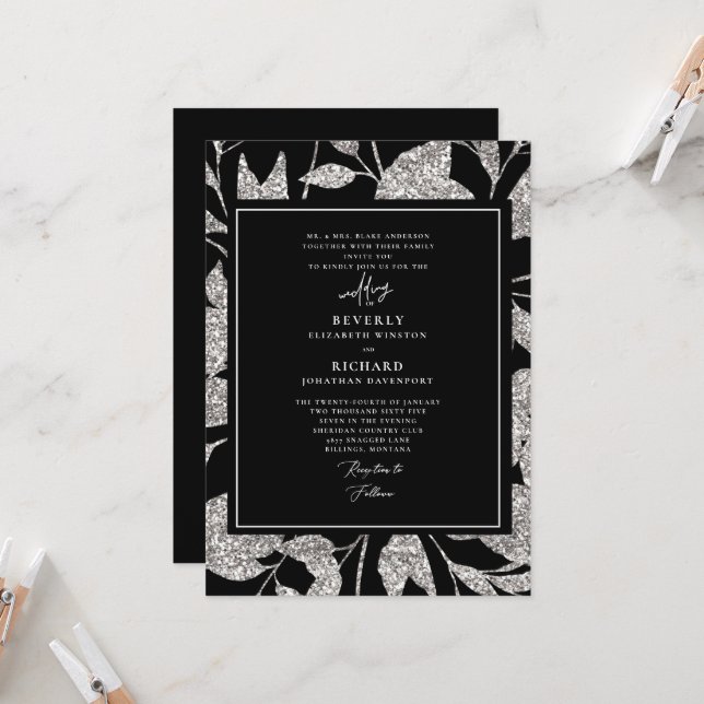 Feierliche glamouröse Schwarz-Silber-Hochzeit Einladung (Vorderseite/Rückseite Beispiel)
