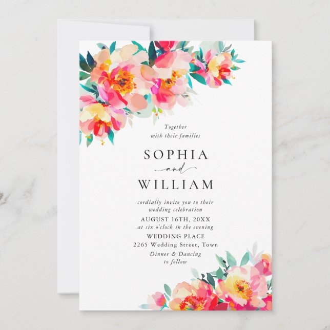 Feierliche, hellrosa Blume Orange Hochzeiten Einladung (Vorderseite)