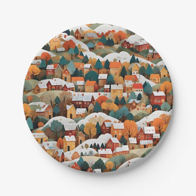 Feierliche Herbstzeitung Collage Village Pappteller (Vorderseite)