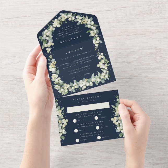 Feierliche Hochzeit der Navy Snowberry+Eukalyptus  All In One Einladung (Abreißen)