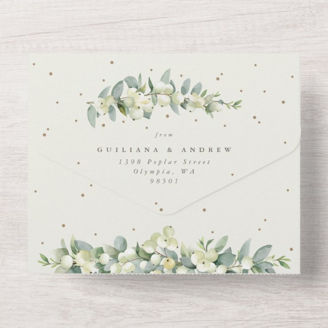 Feierliche Hochzeit von Creme Snowberry+Eukalyptus All In One Einladung (Rückseite)