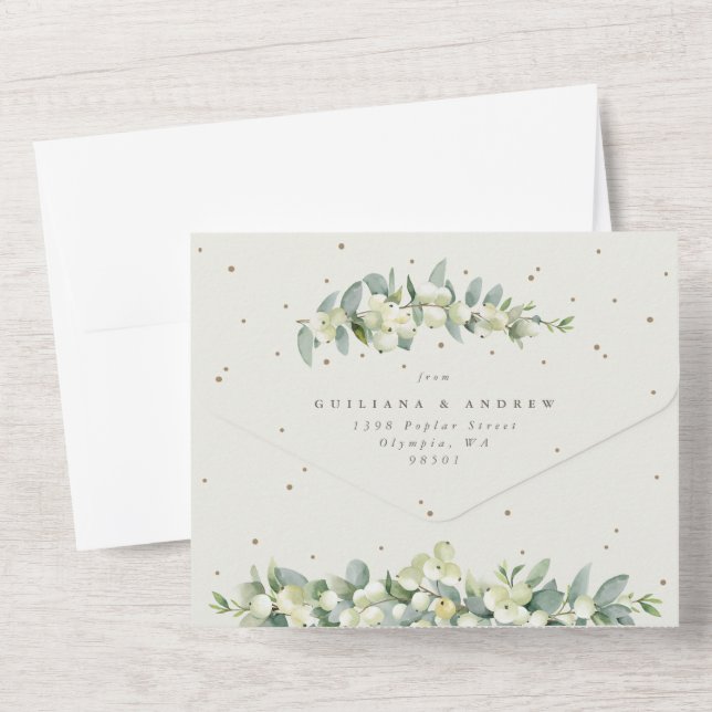 Feierliche Hochzeit von Creme Snowberry+Eukalyptus All In One Einladung (Rückseite)