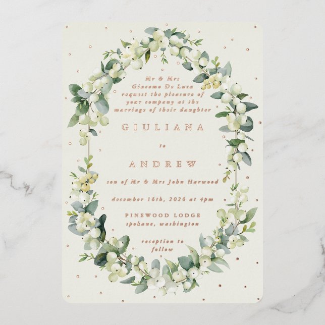 Feierliche Hochzeit von Creme Snowberry+Eukalyptus Folieneinladung (Vorderseite)