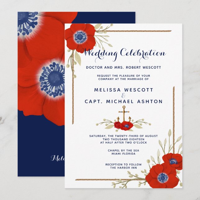 Feierliche Hochzeit von Red White & Blue Anemone Einladung (Vorne/Hinten)