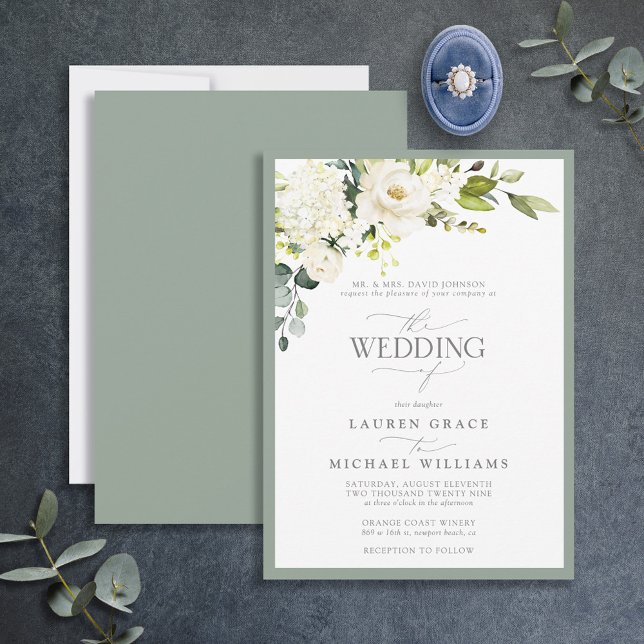 Feierliche Hochzeit von White Grey Green Floral Einladung (Von Creator hochgeladen)