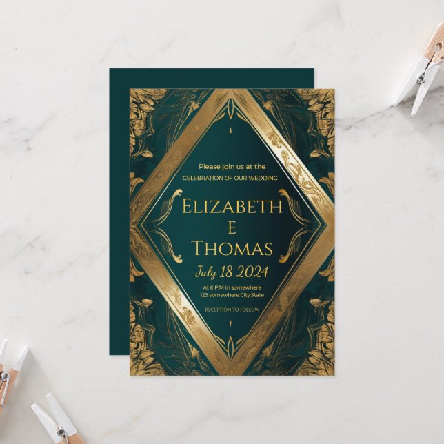 Feierliche Hochzeitseinladung Smaragdgrün und Gold Einladung (Vorderseite/Rückseite Beispiel)
