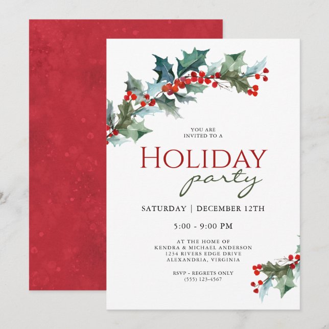Feierliche Holly Botanical Holiday Party Einladung (Vorne/Hinten)