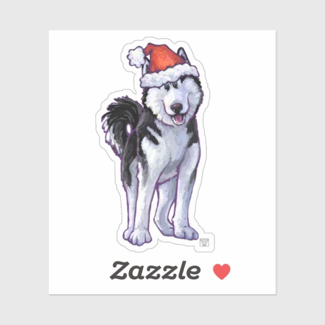 Feierliche Husky in einer Weihnachtsmannmütze Aufkleber (Blatt)