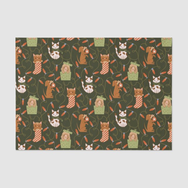 Feierliche Katze Hund Weihnachtsbeleuchtung Grün Seidenpapier (Vorderseite)