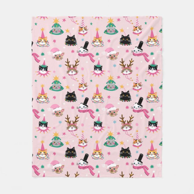 Feierliche Katzen Faces in Holiday Hats Muster Fleecedecke (Vorderseite)