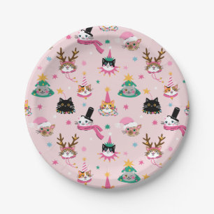 Feierliche Katzen Faces in Holiday Hats Muster Pappteller
