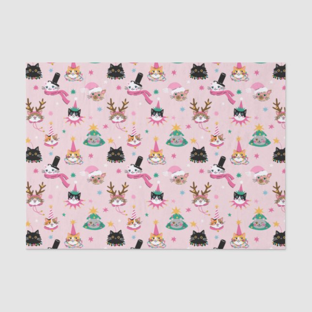 Feierliche Katzen Faces in Holiday Hats Muster Seidenpapier (Vorderseite)