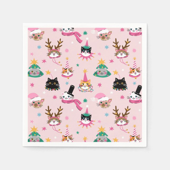 Feierliche Katzen Faces in Holiday Hats Muster Serviette (Vorderseite)