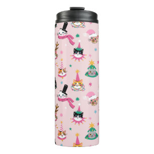 Feierliche Katzen Faces in Holiday Hats Muster Thermosbecher