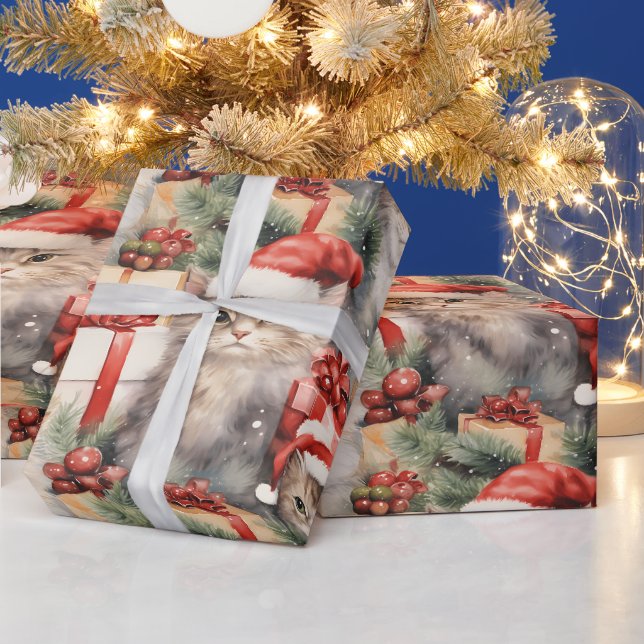 Feierliche Katzen in Weihnachtsmannmützen und Gesc Geschenkpapier (Feiertage)