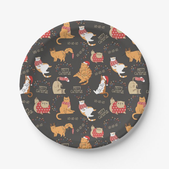 Feierliche Katzen mit Lichterweihnachtsmuster Pappteller (Vorderseite)