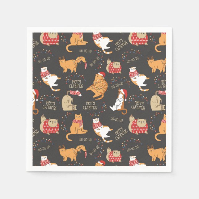 Feierliche Katzen mit Lichterweihnachtsmuster Serviette (Vorderseite)