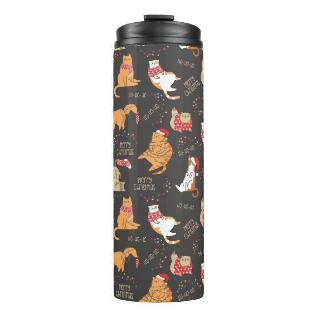 Feierliche Katzen mit Lichterweihnachtsmuster Thermosbecher (Vorderseite)