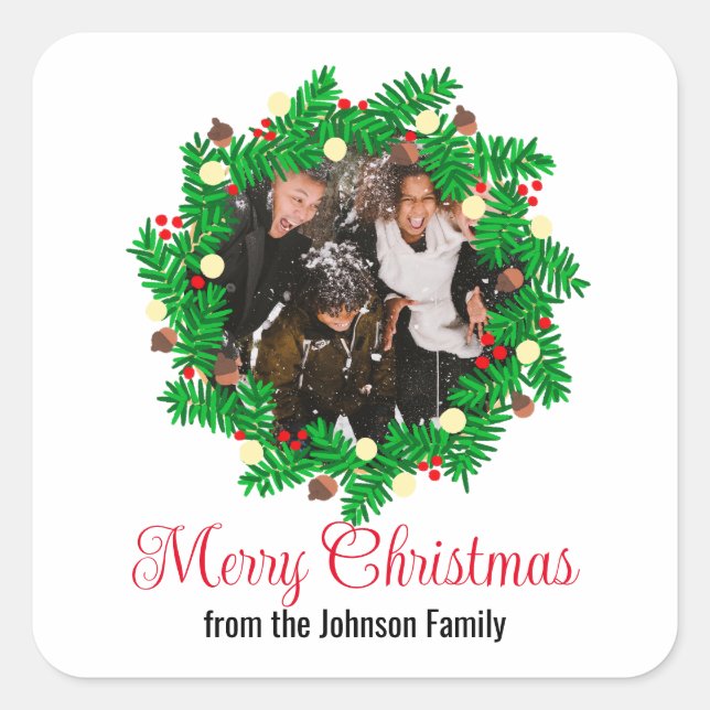 Feierliche Kleider Custom Foto Frohe Weihnachten Quadratischer Aufkleber (Vorderseite)