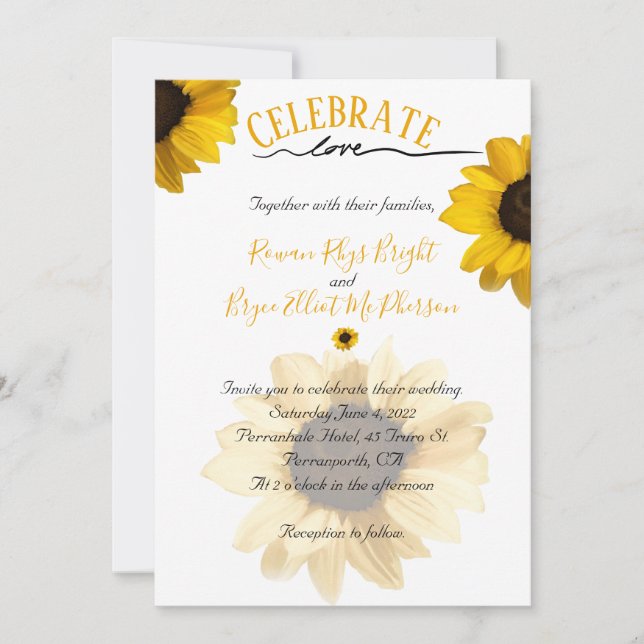 Feierliche Liebe Goldene gelbe Sonnenblume Einladung (Vorderseite)