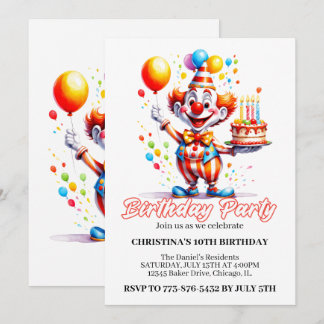 Feierliche Niedliche Clown Watercolor Geburtstagsp Einladung