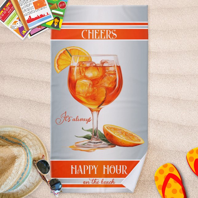 Feierliche Orange Cocktail Happy Hour Strandtuch (Beach towel featuring a modern design cocktail in bright orange on silver with orange stripes)