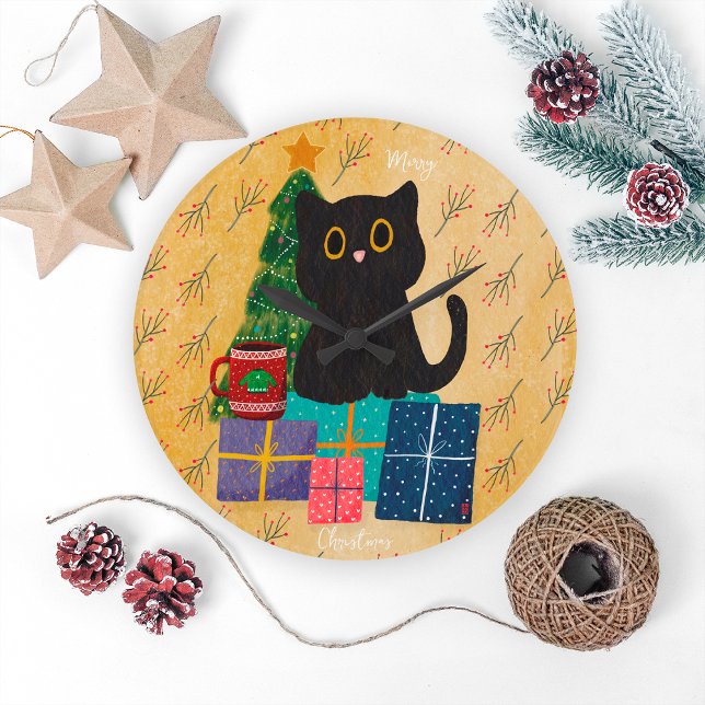 Feierliche Orange Frohe Weihnachts Black Cat Kaffe Große Wanduhr (Von Creator hochgeladen)
