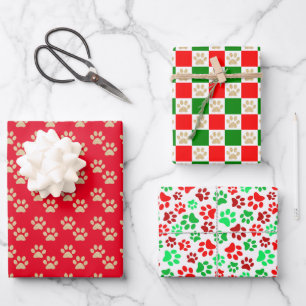 Feierliche Paw Prints Pet Liebhaber Rot & Grün Url Geschenkpapier Set