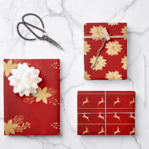 Feierliche Red & Gold Foil Winter Weihnachtsmuster Geschenkpapier Set