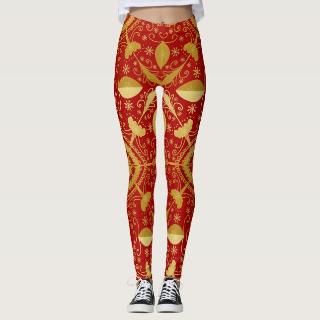Feierliche Red & Gold Weihnachten Leggings (Vorderseite)