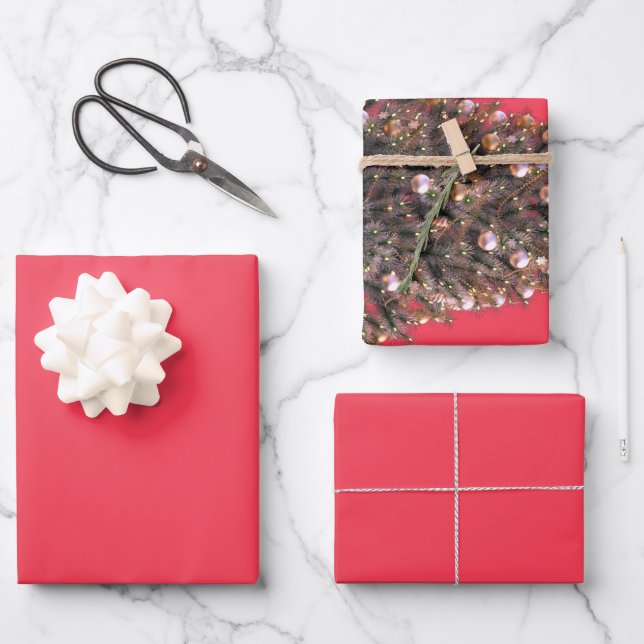 Feierliche Red Gold Weihnachtsbaum Geschenke Schne Geschenkpapier Set (Vorderseite)