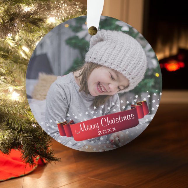 Feierliche Red Ribbon Foto Weihnachtskuchen Ornament (Von Creator hochgeladen)