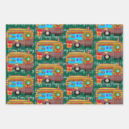 Feierliche Retro Camper Happy Holidays Geschenkpapier Set