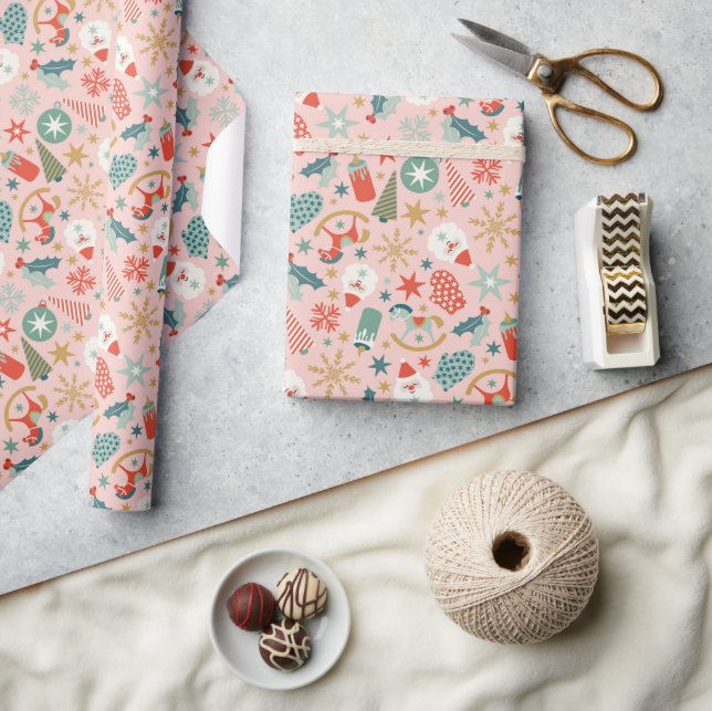 Feierliche Retro Weihnachtsfeiertage Muster Geschenkpapier (Kunsthandwerk)