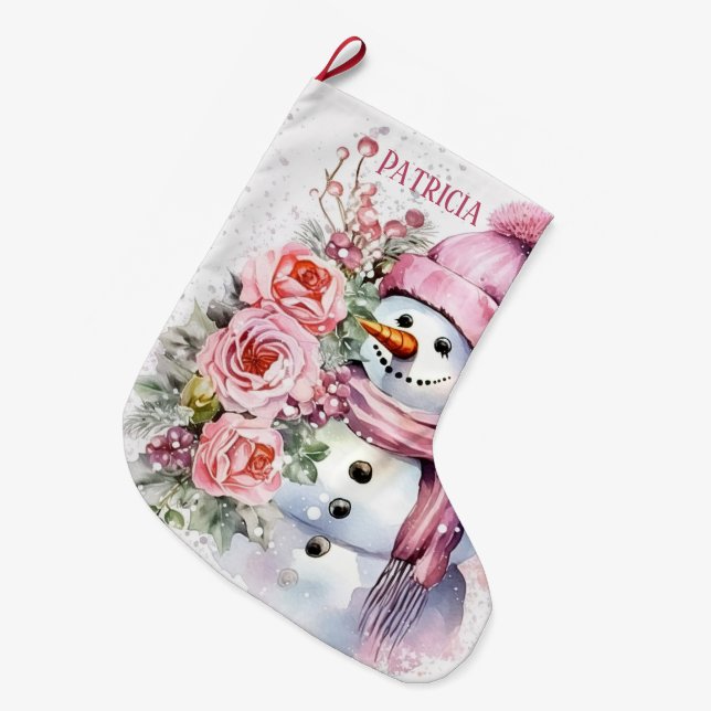 Feierliche Rosa Schneefrau gibt Namen Großer Weihnachtsstrumpf (Vorderansicht (hängend))